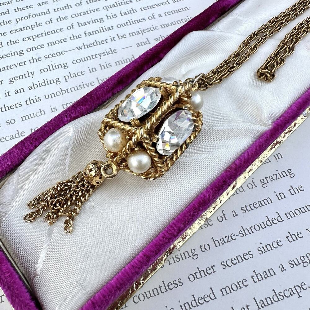 Vintage Lantern Necklace Gold Tone Pendant Tassel Rhinestone & Faux Pearl